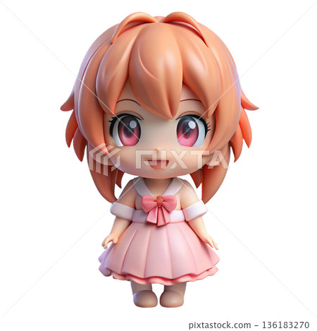 Cute 3D cute chibi anime girl figure wearing  frilly dress White Background 136183270