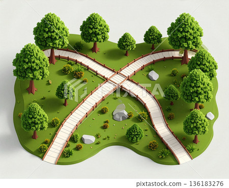 森林中兩條分岔的路徑，俯視圖或等距視圖，選擇與決策概念 136183276