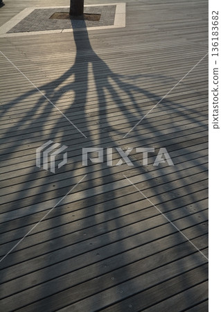 Shadows stretching across the wooden deck Shadows stretching across the wooden deck 136183682