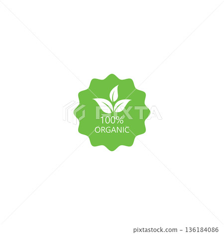 100 percent natural product label with green leaves  set 100%25 natural and organic product vector icon circle sign. healthy food emblem. organic food badge 136184086