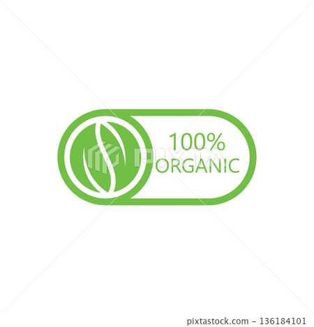 100 percent natural product label with green leaves  set 100%25 natural and organic product vector icon circle sign. healthy food emblem. organic food badge 136184101