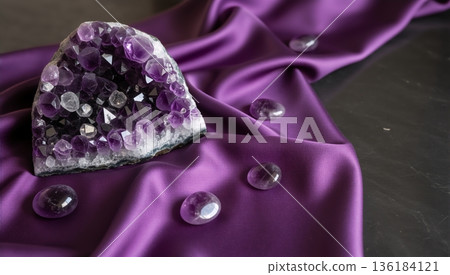 Raw amethyst crystal cluster and polished stones on elegant purple silk. Spiritual healing gemstone background with copy space 136184121