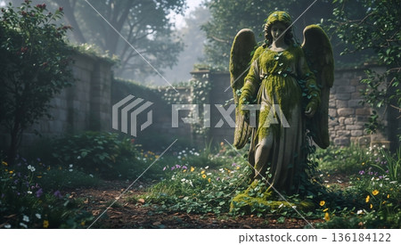 Ancient stone angel statue covered in green moss. Weathered sculpture with wings in an overgrown garden. Abandoned religious monument concept Ancient stone angel statue covered in green moss. Weathered sculpture with wings in an overgrown garden. Abandoned religious monument concept 136184122