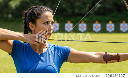 Focused female archer aiming with bow and arrow at outdoor range. Young woman athlete training for competition. Precision and concentration concept 136184137