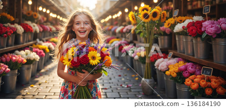 Young girl holding a colorful flower bouquet at an outdoor market. Happy child with sunflowers and roses walking through a florist street. Spring or summer lifestyle concept 136184190