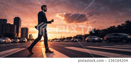 Confident businessman walking across a city street at sunset. Professional man in a suit crossing the road during golden hour. Urban career and success concept 136184204