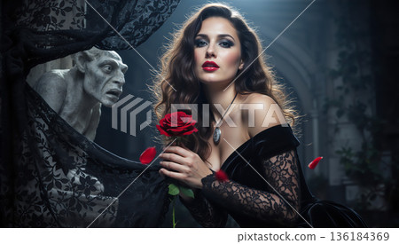 Gothic woman holding a red rose with falling petals. Vampire style female portrait with gargoyle statue in background. Dark fantasy and halloween concept 136184369