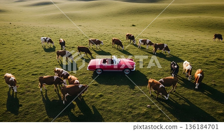 Red Convertible Car Surrounded By Grazing Cows on a Green Field 136184701