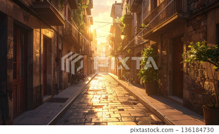 Quiet streets and European architecture in Barcelona's old town at dusk 136184730