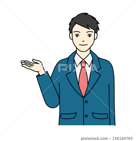 A male high school student in uniform posing with one hand outstretched for guidance or introduction A male high school student in uniform posing with one hand outstretched for guidance or introduction 136184765