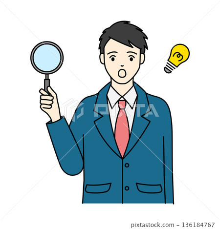 一名身穿制服的高中男生用放大鏡發現了什麼東西，臉上露出驚訝的表情。 136184767