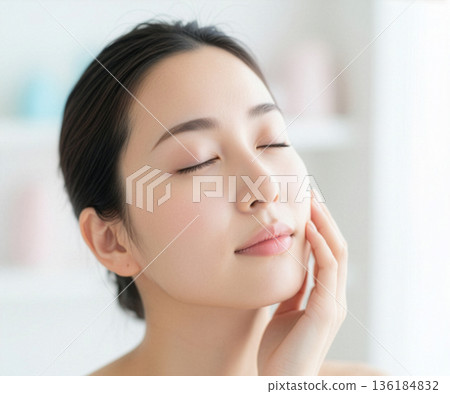 Beautiful Japanese woman touching her cheek in soft light, natural skincare and beauty concept 136184832