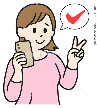 A young woman holding a smartphone and making a peace sign 136184855