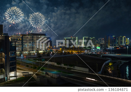 High Angle View of Al Raha Beach Waterfront with Fireworks from Yas Island Abu Dhabi 136184871