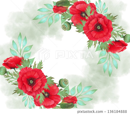 Frame with poppies and a watercolor splash. Wild Poppy Festival. Hand drawn botanical art. Spring and Labor Day. Template for invitations, and printed materials. Symbolic of remembrance and peace. Frame with poppies and a watercolor splash. Wild Poppy Festival. Hand drawn botanical art. Spring and Labor Day. Template for invitations, and printed materials. Symbolic of remembrance and peace. 136184888