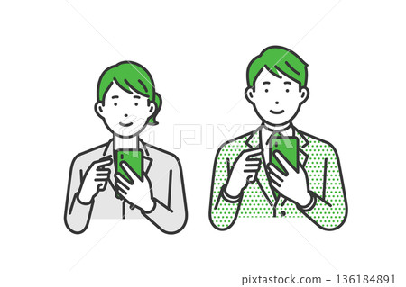 Looking at mobile phone, men and women in suits 136184891