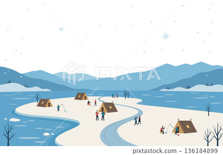 冬季海角捕魚人群的透明背景插圖 136184899