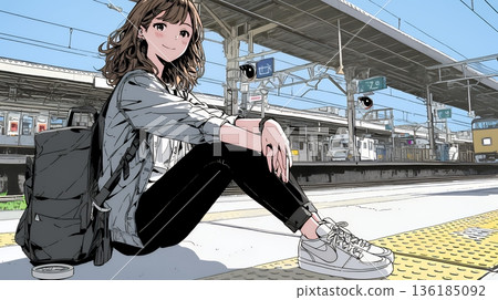 A young woman on the station platform, tired of waiting for a train that never comes A young woman on the station platform, tired of waiting for a train that never comes 136185092