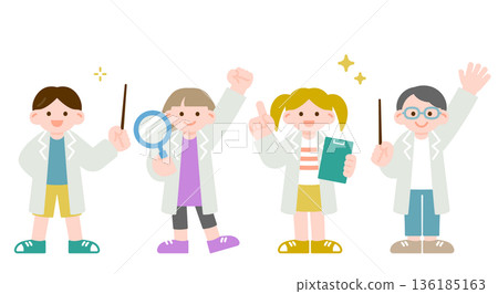 Children in white coats conveying the joy of research and science Children in white coats conveying the joy of research and science 136185163