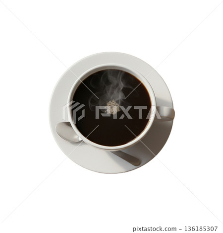 White cup and saucer filled with steaming black coffee, viewed from above 136185307