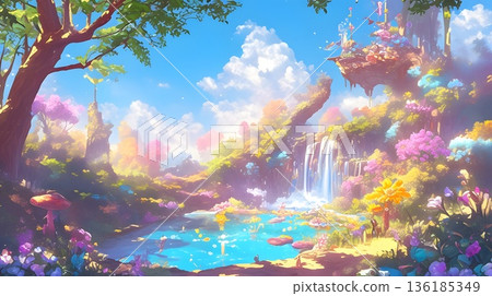 Forest landscape with a colorful rainbow 136185349