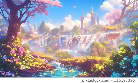 Forest landscape with a colorful rainbow 136185350