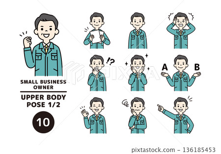 一套向量插圖素材，包含中小型企業總裁、經理和工廠經理穿著工作服的各種表情和姿勢。 136185453