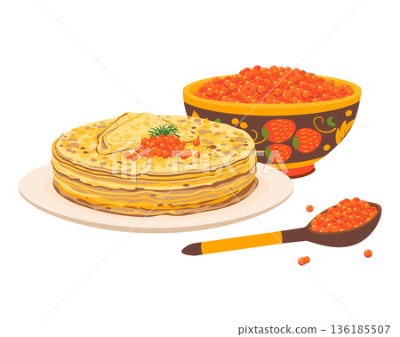 A stack of thin pancakes on a plate. A traditional Maslenitsa dish. Red caviar in a wooden bowl and a Khokhloma style spoon. The most popular pancake filling in Russia. Vector illustration. A stack of thin pancakes on a plate. A traditional Maslenitsa dish. Red caviar in a wooden bowl and a Khokhloma style spoon. The most popular pancake filling in Russia. Vector illustration. 136185507