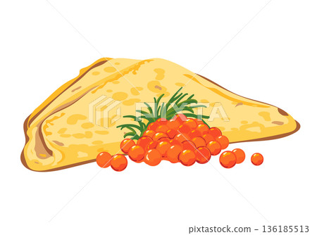 A thin pancake and red caviar. Traditional Russian food for the Maslenitsa holiday. Vector illustration. A crep folded into a triangle and a mound of salmon caviar. 136185513