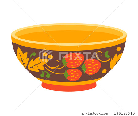 Vector bowl with ancient Slavic painting. Wooden plate in the Khokhloma style. Traditional folk craft in Russia. Flat style illustration. Vector bowl with ancient Slavic painting. Wooden plate in the Khokhloma style. Traditional folk craft in Russia. Flat style illustration. 136185519