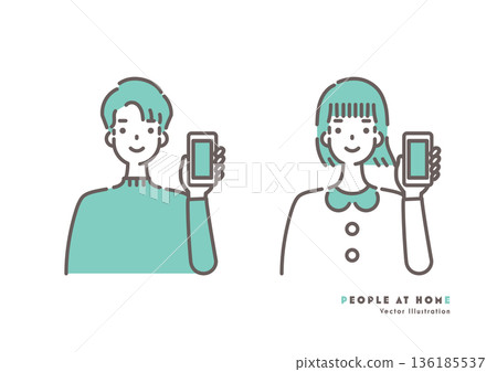 圖：一男一女面帶微笑地拿著智慧型手機，綠色雙色調 136185537