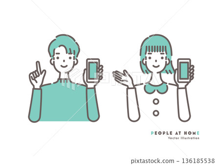 Illustration of a man and woman holding a smartphone and pointing and guiding with their palms Green two-tone 136185538
