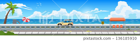 Horizontal or Landscape of flat vector panoramic illustration of a yellow SUV driving along a scenic coastal asphalt road. With a beach palm tree and train stop under a bright blue sky. 136185910