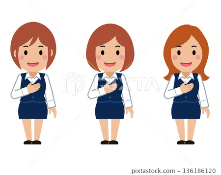Smiling with hands on chest. Young woman in navy office uniform 136186120