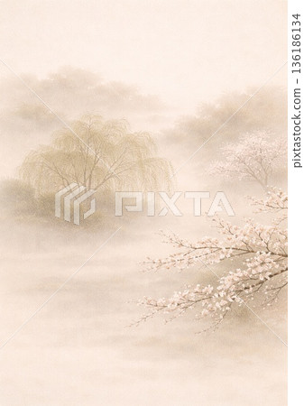 霧氣繚繞的山間，櫻花與柳樹交相輝映。 136186134