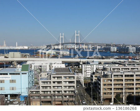 從橫濱市中區港未來公園（觀景台）眺望（橫濱港、橫濱灣大橋、鶴見翼橋等）。 136186268