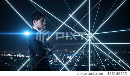 Future-oriented businessman standing in an optical network Future-oriented businessman standing in an optical network 136186325