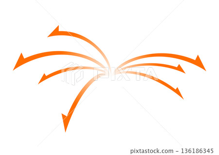 橙色彎曲箭頭插圖，從中心向外輻射 | 簡單的材質，代表擴散、方向、流動和生長 136186345