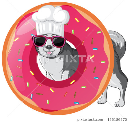 Cartoon Husky Dog Wearing Chef Hat and Sunglasses Inside Pink Donut Cartoon Husky Dog Wearing Chef Hat and Sunglasses Inside Pink Donut 136186370