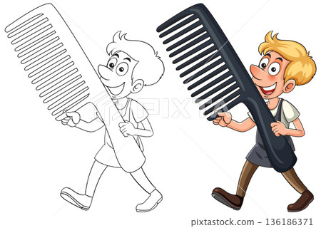 Cartoon Barber Boy Carrying Oversized Black Comb Cartoon Barber Boy Carrying Oversized Black Comb 136186371