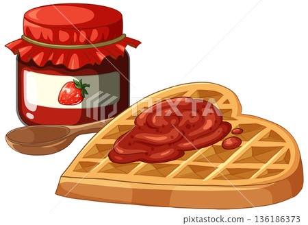 Heart Shaped Waffle with Strawberry Jam Jar and Wooden Spoon 136186373