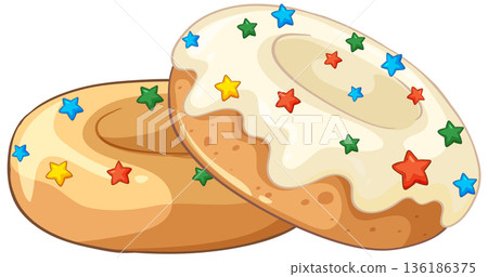 Two Glazed Donuts with Colorful Star Sprinkles Vector Illustration Two Glazed Donuts with Colorful Star Sprinkles Vector Illustration 136186375
