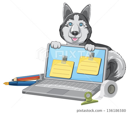 Cartoon Siberian Husky Dog Sitting Behind Laptop with Office Supplies 136186380