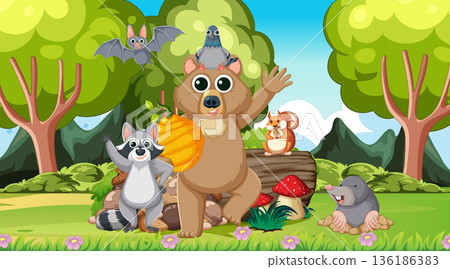 Cartoon Forest Animals Gathering in Sunny Woodland Scene 136186383