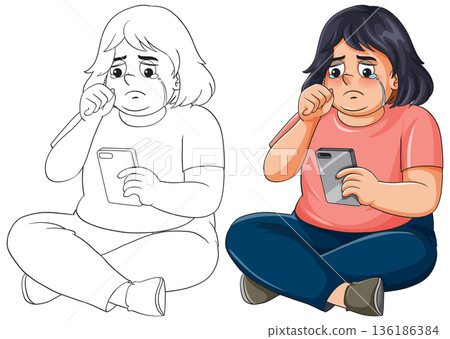 Sad Overweight Girl Crying While Looking at Her Smartphone Screen 136186384