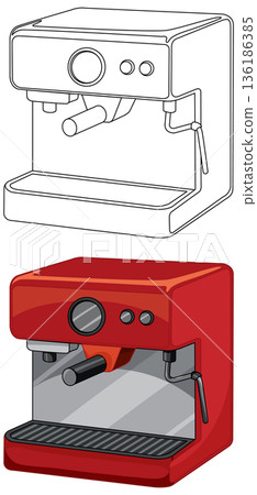 Red Espresso Machine Vector Illustration with Black and White Outline Version Red Espresso Machine Vector Illustration with Black and White Outline Version 136186385