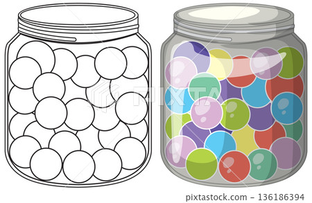 Glass Jar Filled with Colorful Round Candies and Line Art Version Glass Jar Filled with Colorful Round Candies and Line Art Version 136186394