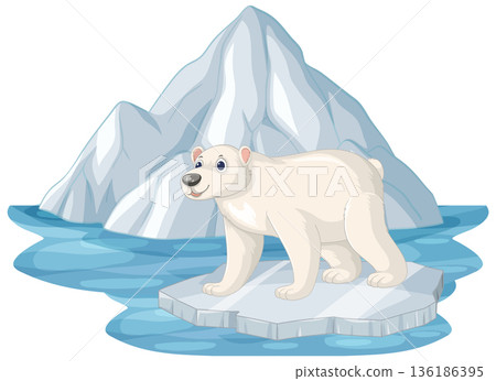 Cartoon Polar Bear Standing on Ice Floe in Arctic Ocean Cartoon Polar Bear Standing on Ice Floe in Arctic Ocean 136186395