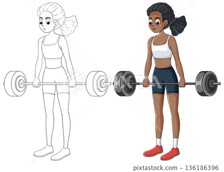 Female Athlete Performing Deadlift with Barbell in Vector Style 136186396