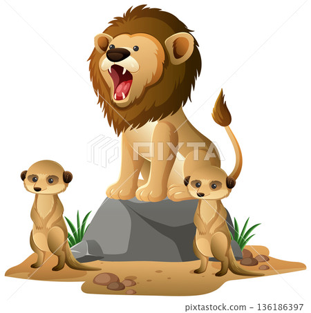 Lion Roaring on Rock with Two Meerkats Standing Alert 136186397